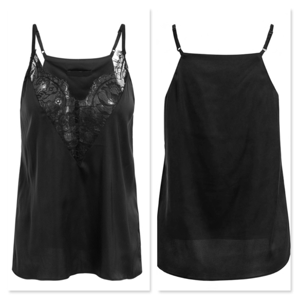 Satin Lace Detailed V-Neck Black Cami Top - Picture 5 of 7